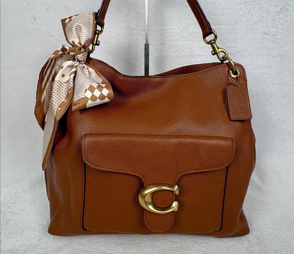 Coach Tabby Hobo in Saddle Colorway, in Polished Pebble Leather with Scarf